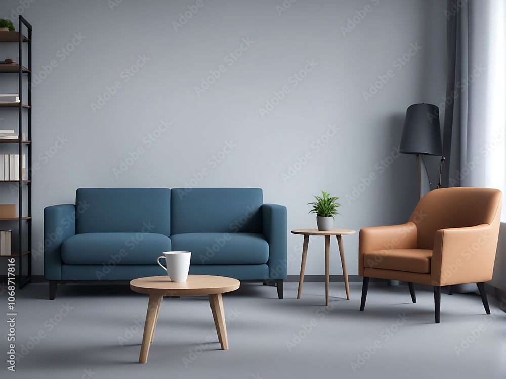 A living room with chair and sofa office front picture on the wall Image A living room with chair and sofa office front picture on the wall Image