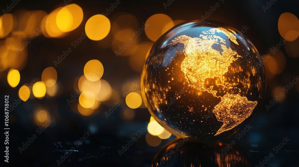 glowing globe, black setting (close up, focus on, copy space) dazzling and lively tones Double exposure silhouette with glowing ball