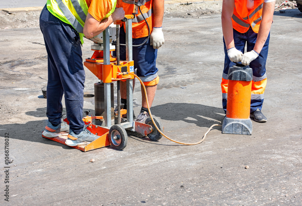 Construction workers drilling pavement on a sunny day at a busy urban site