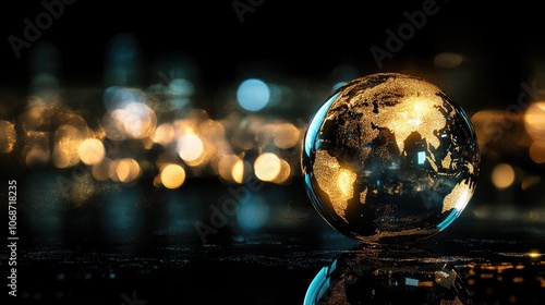 glowing globe, black setting (close up, focus on, copy space) dazzling and lively tones Double exposure silhouette with glowing ball