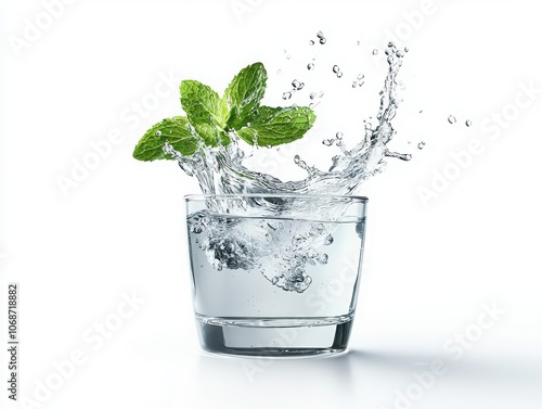 Splashing water with mint leaves in a glass on a white background. photo