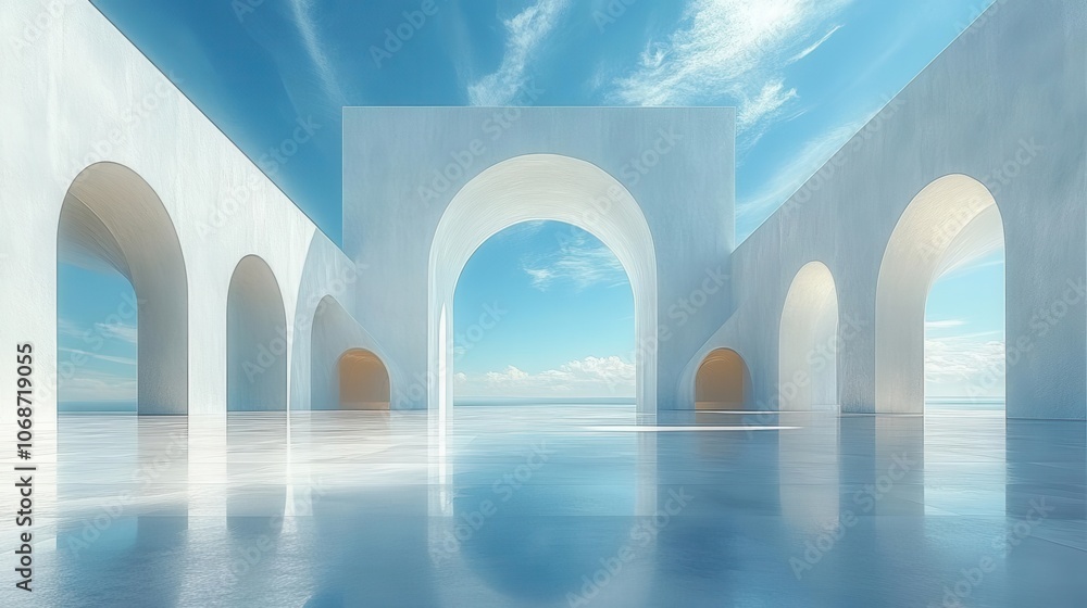 surreal white architecture with minimalist geometric shapes, set against a panoramic blue sky and wispy clouds. an imaginative scene inviting contemplation surreal white architecture with minimalist geometric shapes, set against a panoramic blue sky and wispy clouds. an imaginative scene inviting contemplation