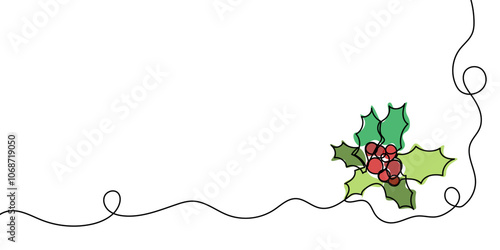 One continuous line illustration of holly berries and leaves, isolated on white background. This is a one line art of holly berries