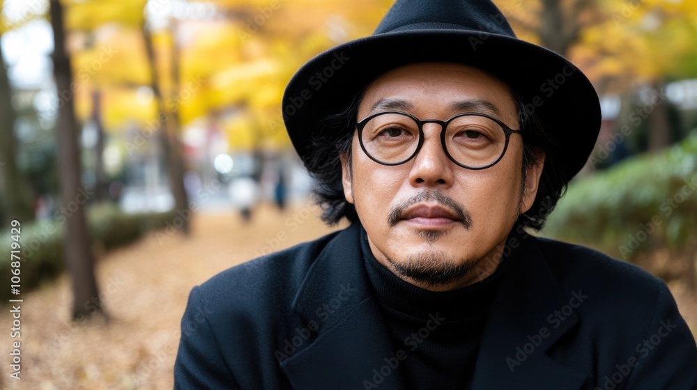 公園で紅葉に囲まれた黒い帽子と眼鏡をかけた物思いにふける男性 公園で紅葉に囲まれた黒い帽子と眼鏡をかけた物思いにふける男性