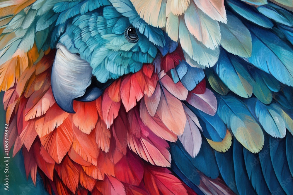 Fototapeta premium A close-up of a parrots plumage showcasing an array of bright, striking colors