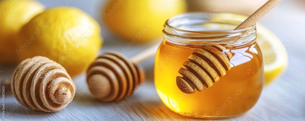 A jar of honey with a honey dipper, surrounded by fresh lemons on a wooden surface, evoking a fresh, wholesome vibe. A jar of honey with a honey dipper, surrounded by fresh lemons on a wooden surface, evoking a fresh, wholesome vibe.
