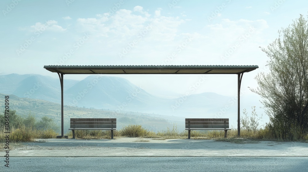 Serene Bus Stop with Mountain View and Clear Skies Serene Bus Stop with Mountain View and Clear Skies