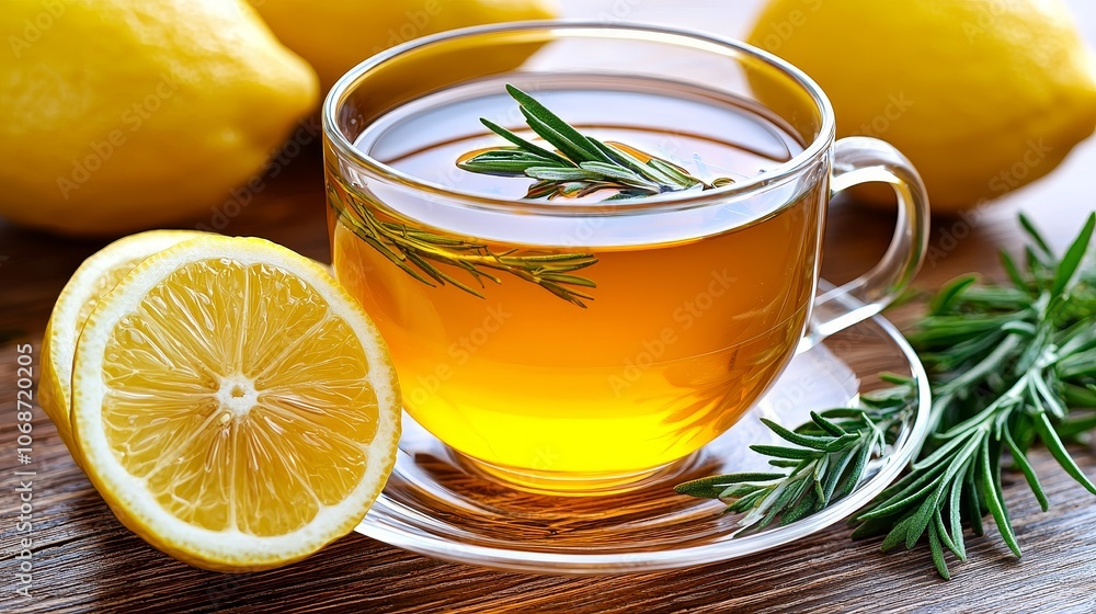 A warm cup of herbal tea with lemon and rosemary, surrounded by fresh lemons, evokes a refreshing and soothing experience. A warm cup of herbal tea with lemon and rosemary, surrounded by fresh lemons, evokes a refreshing and soothing experience.