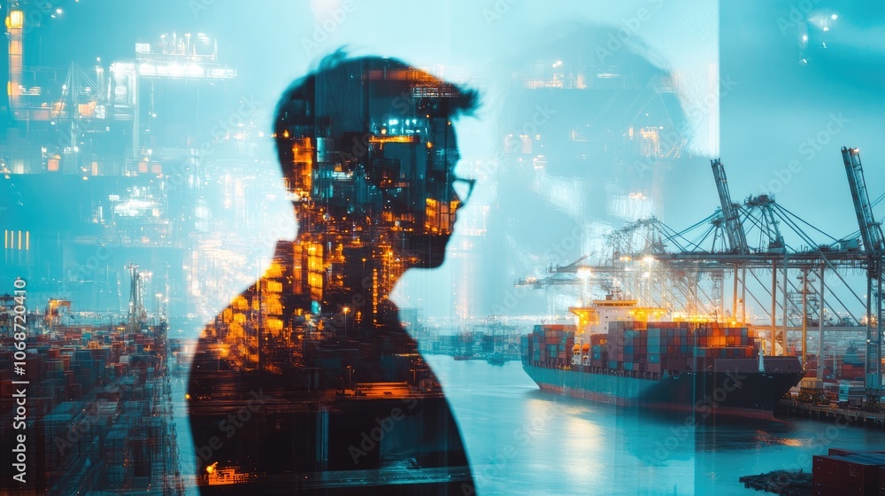Supervisor managing container logistics at busy seaport (close up, focus on, copy space) Bright colors with ships and machinery in view. Double exposure silhouette with harbor equipment Supervisor managing container logistics at busy seaport (close up, focus on, copy space) Bright colors with ships and machinery in view. Double exposure silhouette with harbor equipment