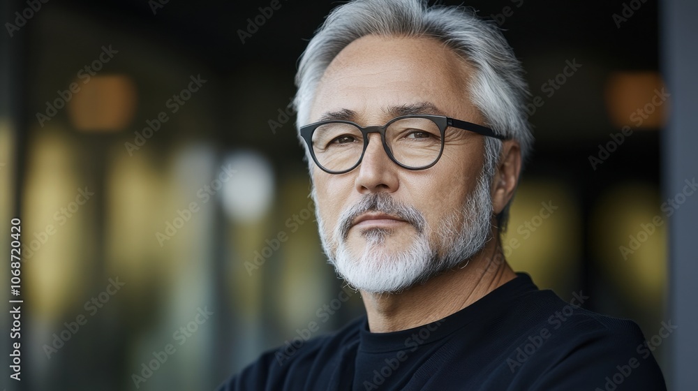 オフィスの環境で、眼鏡をかけ、白髪で黒いシャツを着た自信に満ちた成熟した男性 オフィスの環境で、眼鏡をかけ、白髪で黒いシャツを着た自信に満ちた成熟した男性