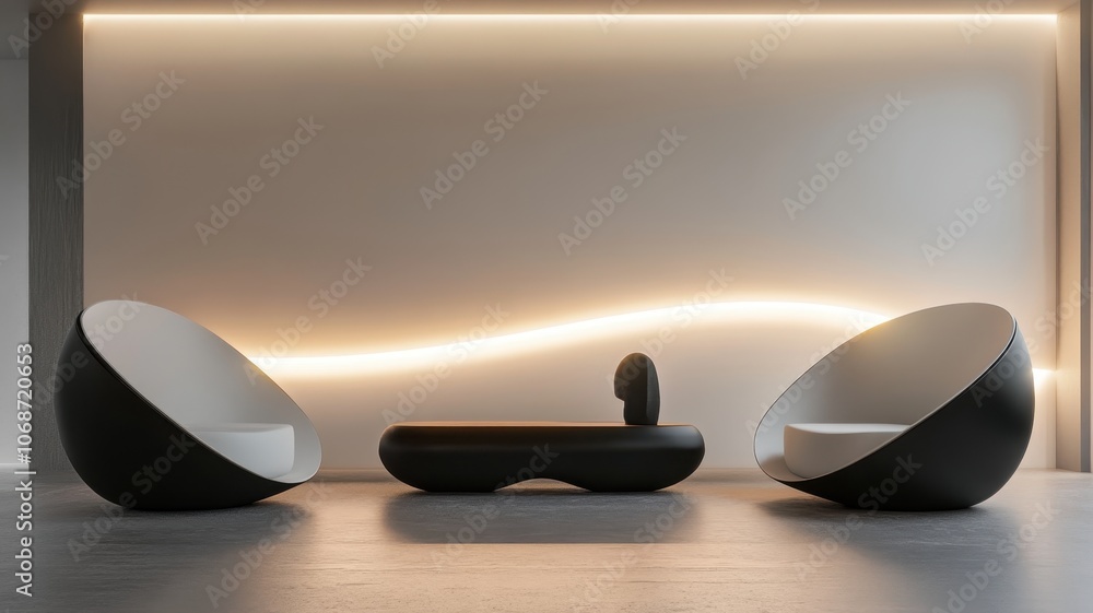 A sleek, modern living area featuring unique black and white furniture, accentuated by ambient lighting on a minimalist wall. A sleek, modern living area featuring unique black and white furniture, accentuated by ambient lighting on a minimalist wall.