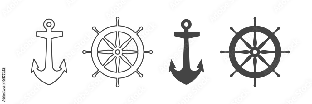 Sea anchor and helm icon set. Vector illustration on white background. Isolated Sea anchor and helm icon set. Vector illustration on white background. Isolated
