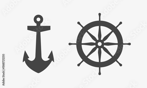 Sea anchor and helm black icon set. Vector illustration on white background. Isolated 