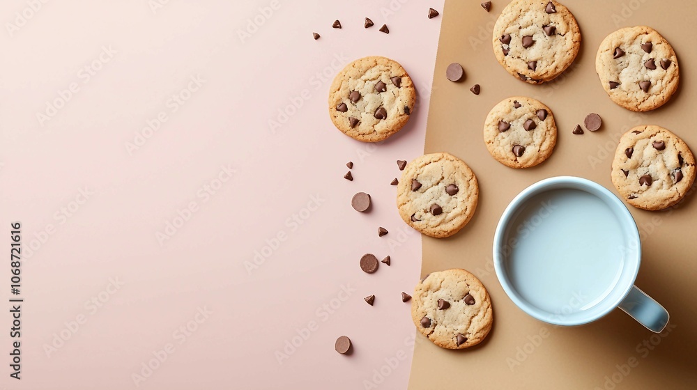 Brown Cookies with Milk on Paper Background Brown Cookies with Milk on Paper Background