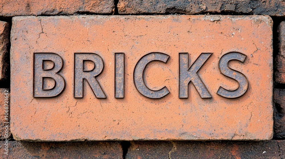 A brick wall with the word bricks written on it. The bricks are old and worn, giving the wall a rustic and aged appearance A brick wall with the word bricks written on it. The bricks are old and worn, giving the wall a rustic and aged appearance