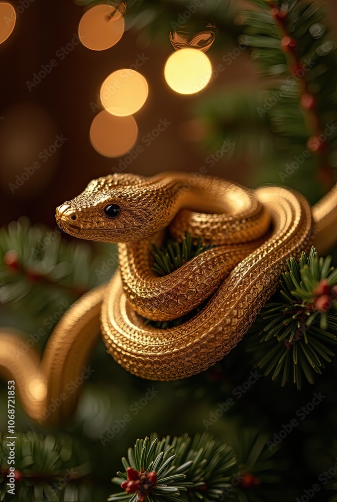 Gold Snake Christmas Ornament on Tree with Lights Gold Snake Christmas Ornament on Tree with Lights