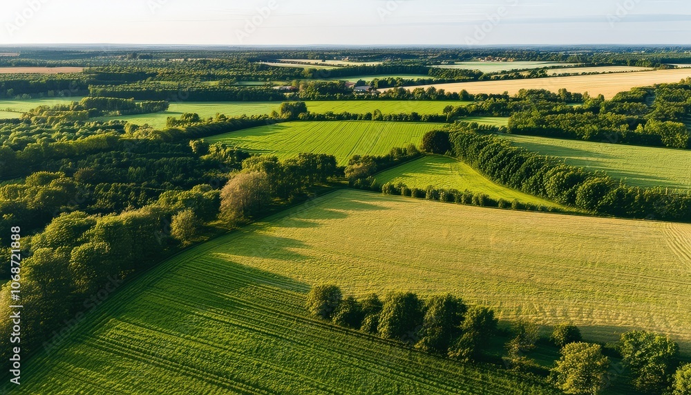 Scenic aerial view of lush green farmlands and dense forests at sunrise. Scenic aerial view of lush green farmlands and dense forests at sunrise.