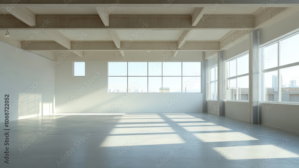 A spacious, sunlit room with large windows, concrete floors, and minimalist design, inviting natural light and offering a modern aesthetic. A spacious, sunlit room with large windows, concrete floors, and minimalist design, inviting natural light and offering a modern aesthetic.