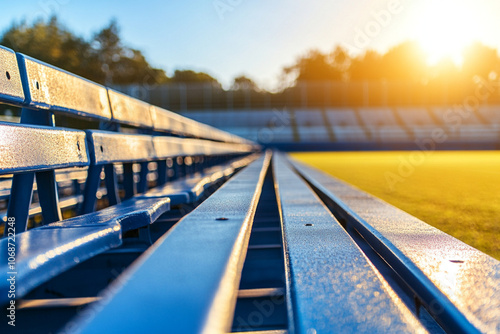 Empty metal bleachers in an outdoor sports facility, with rows of seating and a fence under a clear blue sky. photo