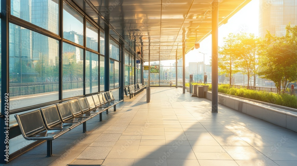 Modern train station platform with sunlight Modern train station platform with sunlight
