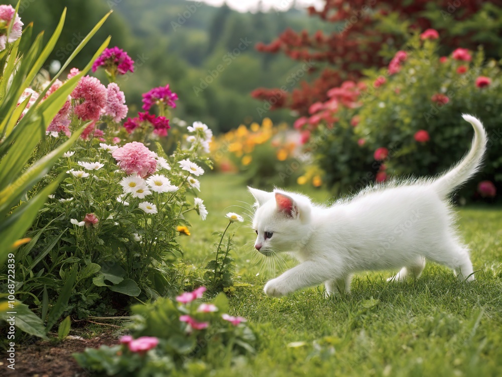 Gleeful kitten, panoramic garden backdrop, high-definition charm.