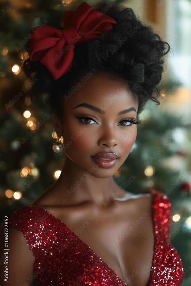 African American woman, wearing a red sequin dress with a large red bow in her hair, stands in front of a Christmas tree background African American woman, wearing a red sequin dress with a large red bow in her hair, stands in front of a Christmas tree background