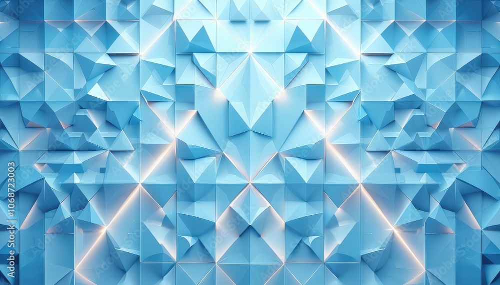 Obraz premium Abstract geometric blue pattern with 3d triangles and diamond shapes creating futuristic symmetry.