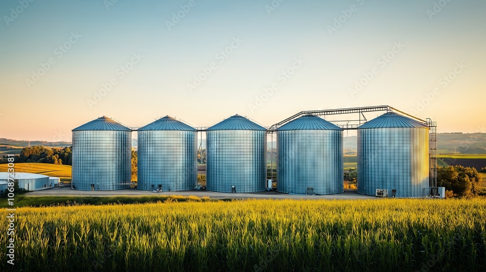 Group of modern silos for storing grain and other agricultural crops at sunset Group of modern silos for storing grain and other agricultural crops at sunset