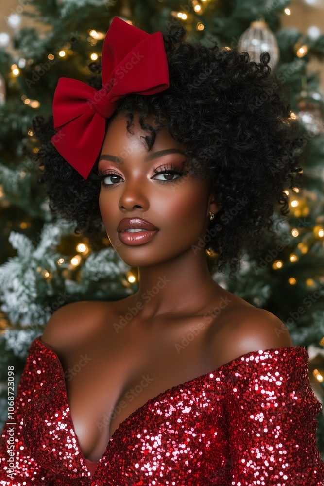 African American woman, wearing a red sequin dress with a large red bow in her hair, stands in front of a Christmas tree background African American woman, wearing a red sequin dress with a large red bow in her hair, stands in front of a Christmas tree background
