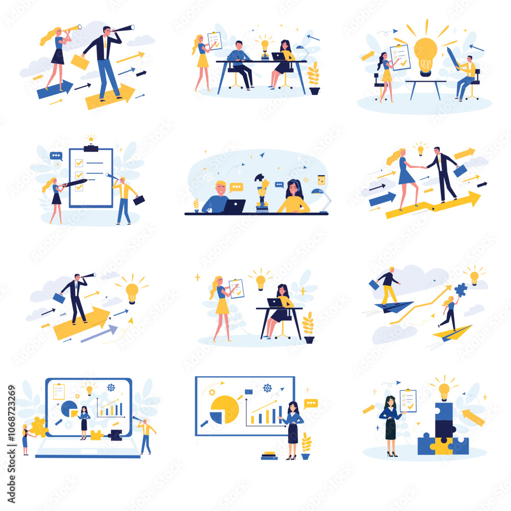 Business concept. Team metaphor. People connect puzzle elements. Flat illustration in flat design style. Teamwork, collaboration, partnership. Businessmen working together and moving towards success. Business concept. Team metaphor. People connect puzzle elements. Flat illustration in flat design style. Teamwork, collaboration, partnership. Businessmen working together and moving towards success.