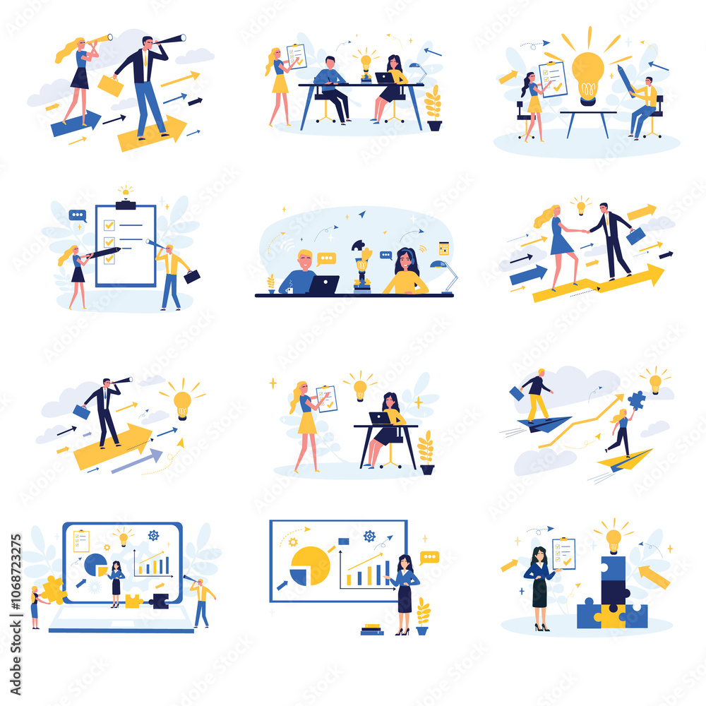 Naklejka premium Business concept. Team metaphor. People connect puzzle elements. Flat illustration in flat design style. Teamwork, collaboration, partnership. Businessmen working together and moving towards success.
