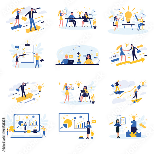 Business concept. Team metaphor. People connect puzzle elements. Flat illustration in flat design style. Teamwork, collaboration, partnership. Businessmen working together and moving towards success.