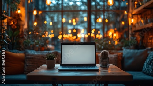 Wallpaper Mural Laptop with blank screen on a wooden table in a cafe with a blurred background. Torontodigital.ca