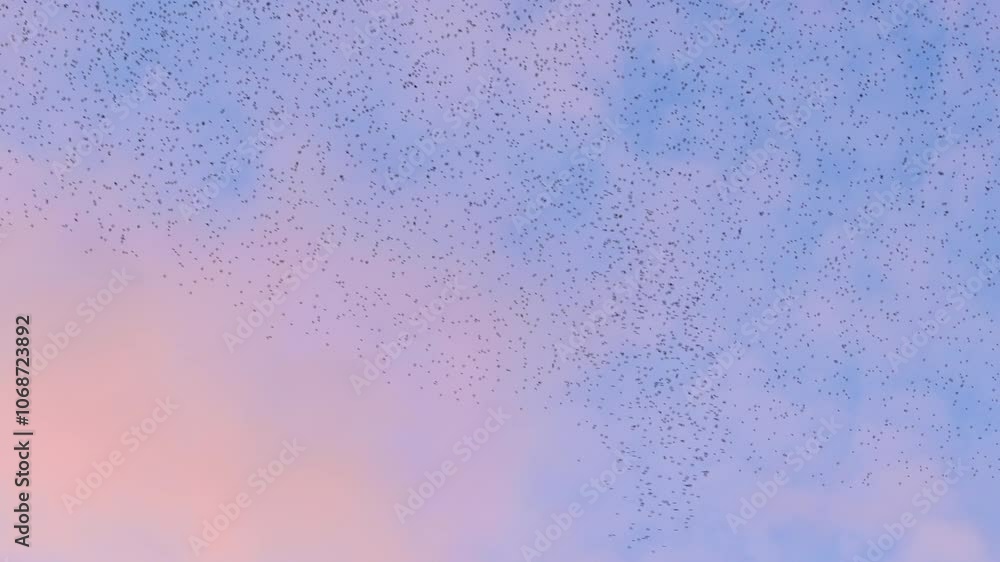 Starling birds murmuration in the sky during sunset at the end of a winter day. Huge groups of starlings (Sturnidae) in the sky that move in shape-shifting clouds before the night. Starling birds murmuration in the sky during sunset at the end of a winter day. Huge groups of starlings (Sturnidae) in the sky that move in shape-shifting clouds before the night.