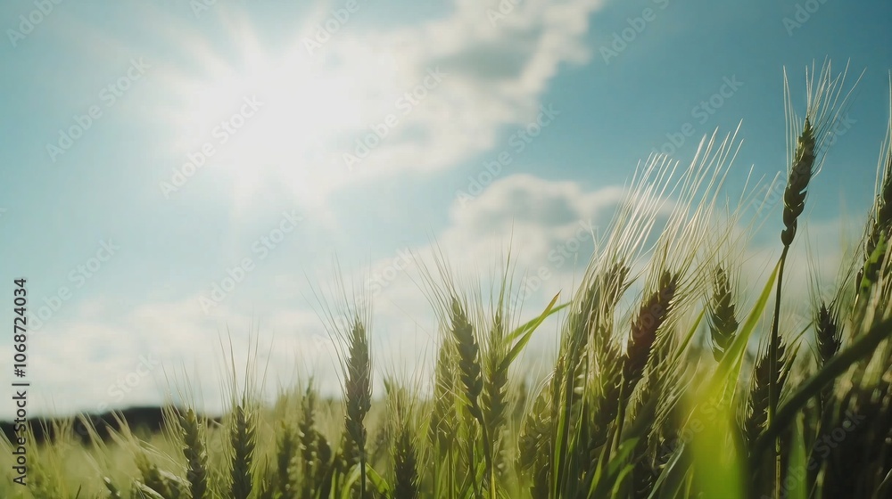 Green wheat field swaying in the wind under blue sky on sunny day Green wheat field swaying in the wind under blue sky on sunny day