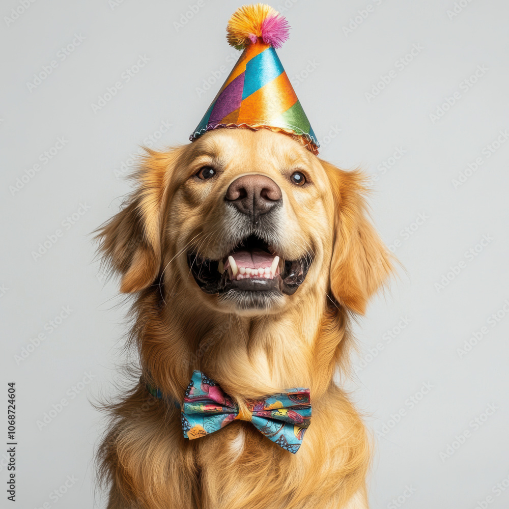 Cheerful Golden Retriever in Colorful Party Hat Cheerful Golden Retriever in Colorful Party Hat