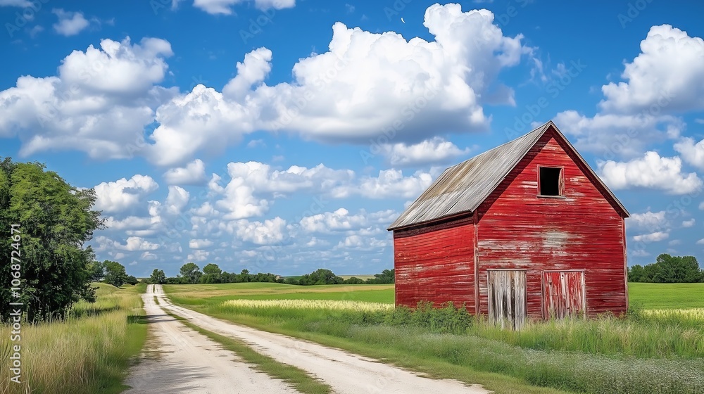 Obraz premium Red barn stands beside country road under cloudy sky