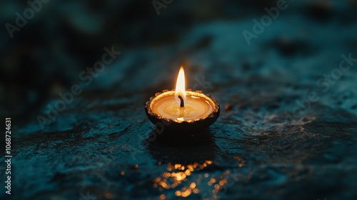 A lit candle on a wet surface, creating a serene atmosphere.