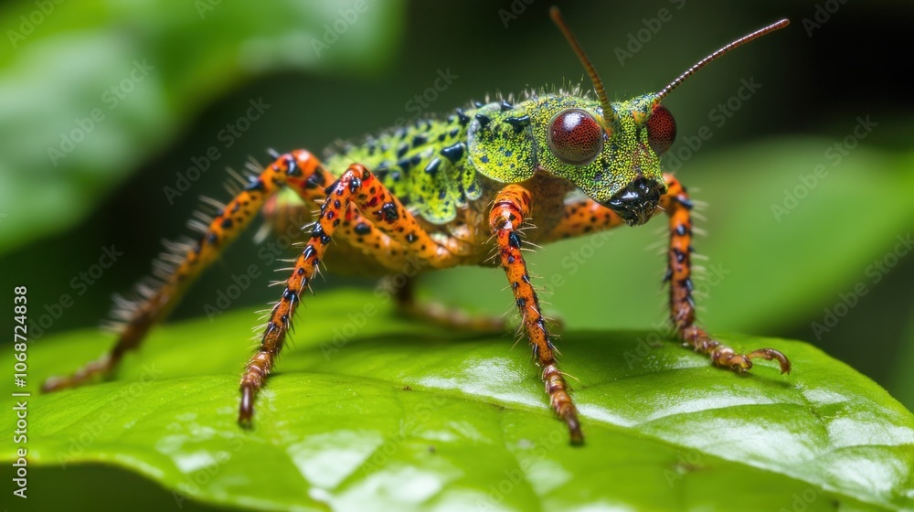 Close-Up of a Vibrant Green and Orange Insect on a Leaf Close-Up of a Vibrant Green and Orange Insect on a Leaf