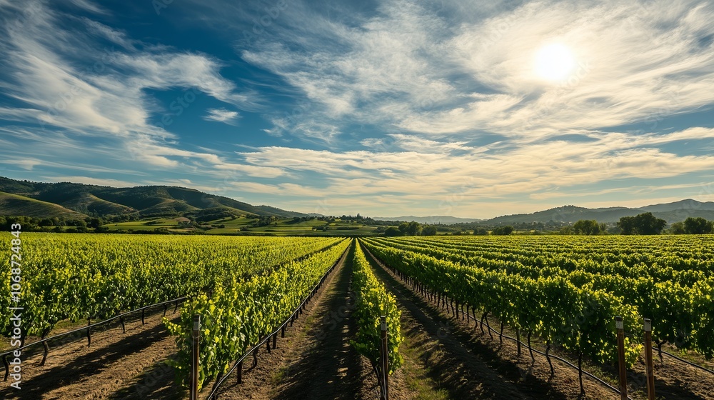 Vineyard landscape showing rows of grapevines growing under a bright sun Vineyard landscape showing rows of grapevines growing under a bright sun