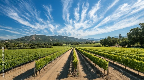 Dirt road dividing lush green vineyards under a cloudy blue sky