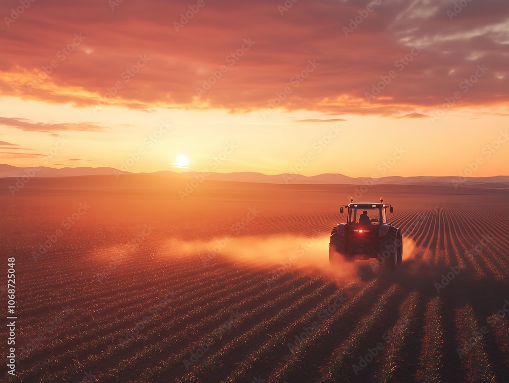Farmer driving tractor during sunset in cultivated field Farmer driving tractor during sunset in cultivated field