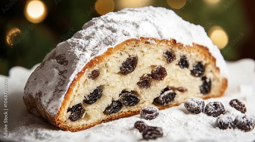 A slice of powdered fruitcake with raisins on a festive background. A slice of powdered fruitcake with raisins on a festive background.
