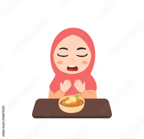 Illustration of a Muslim Girl Praying Before Meal