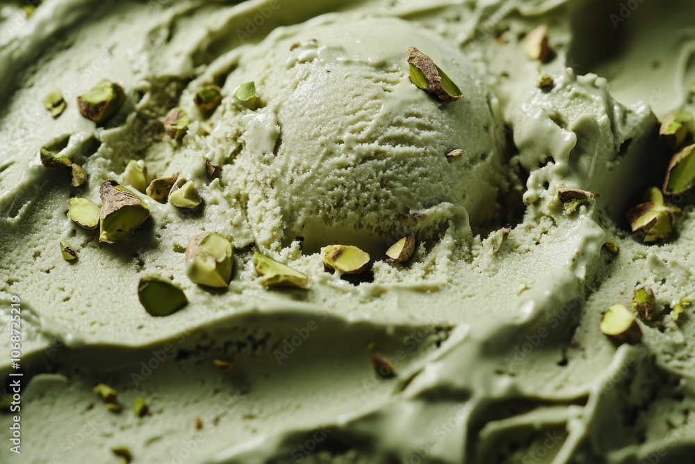 Obraz premium A close-up of a scoop of pistachio ice cream with visible chunks of pistachio nuts.