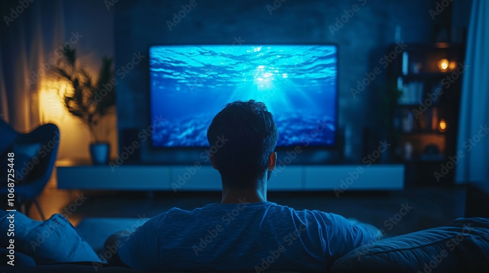 Naklejka premium Man is sitting in front of a television watching a blue ocean. The man is wearing a blue shirt and has short hair. Man Observing a Connected TV Screen in the Living Room. Copy space image