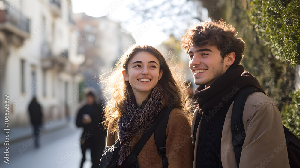 Lächelndes junges Paar auf einem Spaziergang in der Stadt Lächelndes junges Paar auf einem Spaziergang in der Stadt