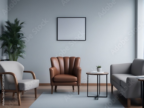 A living room with chair and sofa office front picture on the wall Image