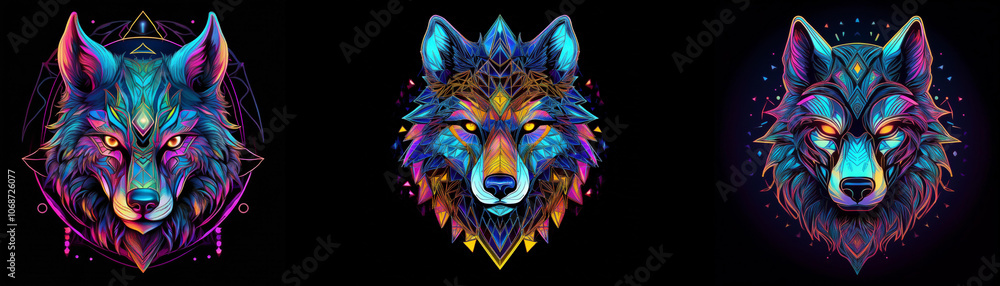 Obraz premium Three wolf heads are depicted in a geometric, abstract style. They have a neon-like glow and are outlined in black. The wolf's fur is made up of bright, swirling colors.