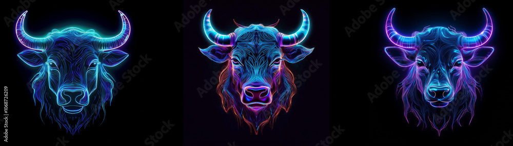 Three neon bull heads with horns, glowing in blue, purple, and red. Three neon bull heads with horns, glowing in blue, purple, and red.